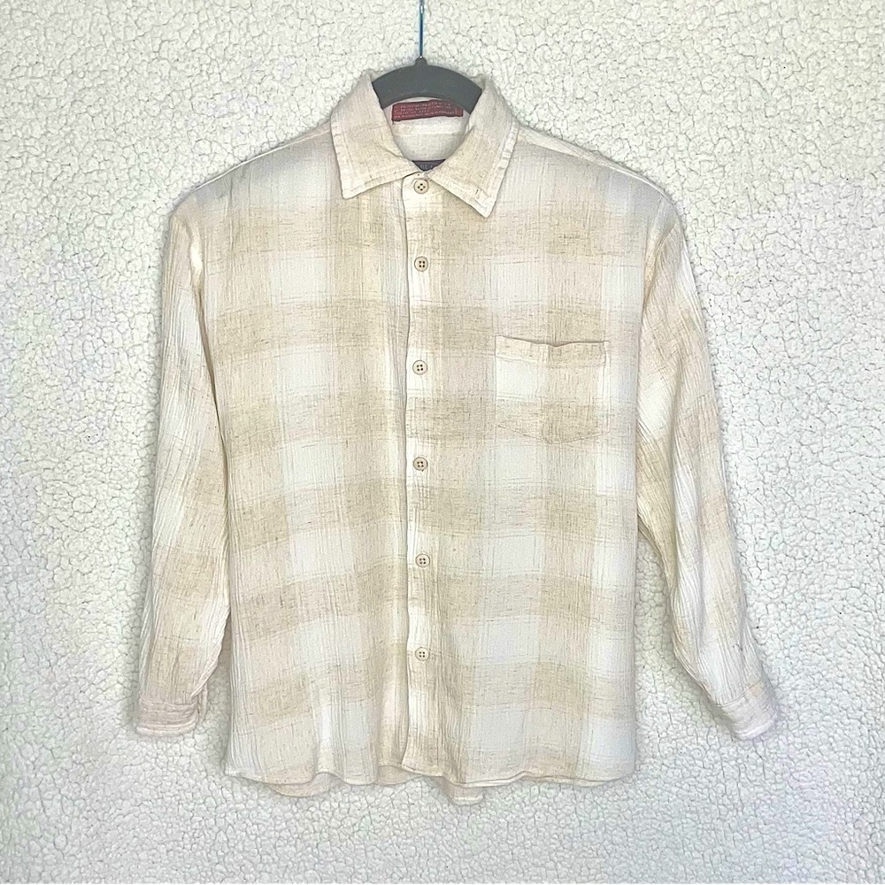 EUC vtg Public Notices long-sleeve button-front off-white & white gauze shirt